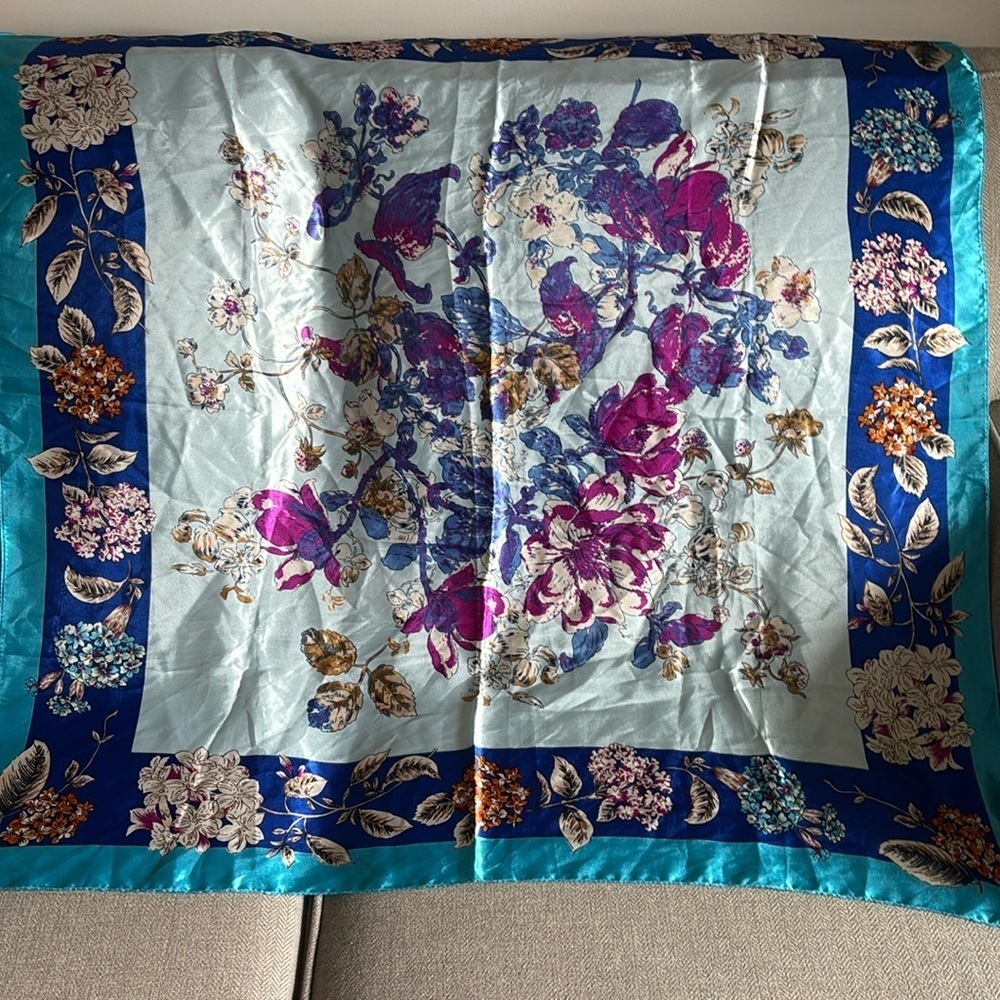 Large square scarf in blues and purples floral statement scarf